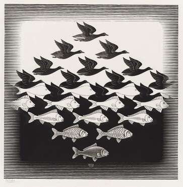 M.C. Escher, Lucht en water I, 1938, houtsnede. Collectie Kunstmuseum Den Haag.  © The M.C. Escher Company – Baarn – Holland. All rights reserved. www.mcescher.com