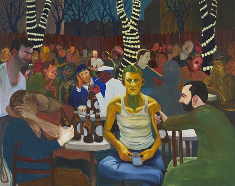 Nicole Eisenman, Beer Garden with Ash/AK, 2009, olieverf op doek, 164,9 × 208 cm, De Ying Foundation