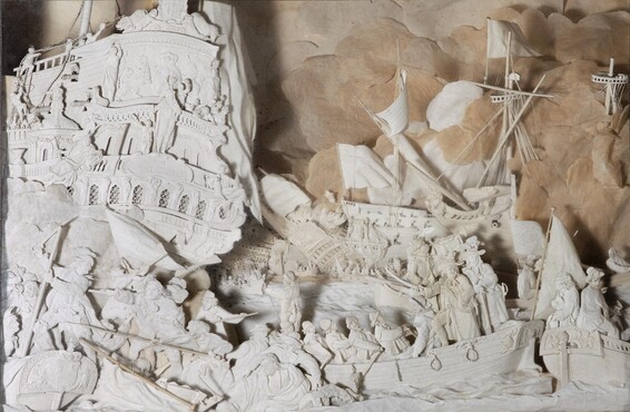 Anoniem, Detail grote kijkkast met voorstelling van de Slag bij Chatham, papier-maché in houten omlijsting, 1785-1810, 55 cm. x 72 cm. x 16 cm., collectie Gemeentemuseum Den Haag