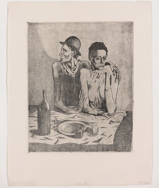 Pablo Picasso (1881−1973), Le Repas frugal  (De Karige Maaltijd), 1904. Ets, inkt op papier,  46,3 x 37 cm, Gemeentemuseum Den Haag.  © Succession Picasso 2018