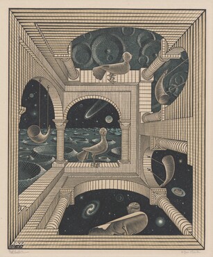 M.C. Escher, Andere wereld, 1947, houtsnede en houtgravure in zwart, roodbruin en groen, gedrukt van drie blokken, 31,8 x 26,1 cm, Collectie Kunstmuseum Den Haag. © The M.C. Escher Company – Baarn – Holland. All rights reserved. www.mcescher.com