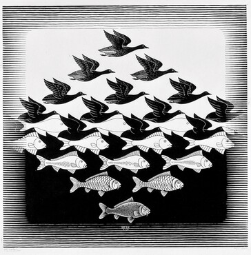 M.C. Escher, Lucht en water I, 1938, houtsnede. Collectie Kunstmuseum Den Haag.  © The M.C. Escher Company – Baarn – Holland. All rights reserved. www.mcescher.com