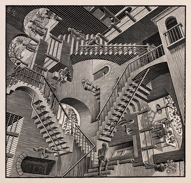 M.C. Escher Relativity lithograph, 1953, lithograph, Collection Kunstmuseum Den Haag. © The M.C. Escher Company – Baarn – Holland. All rights reserved. 