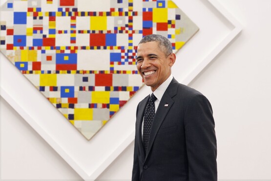 President Barack Obama voor de Victory Boogie Woogie (Piet Mondriaan, 1944), Nuclear Security Summit 2014 - Gemeentemuseum Den Haag, Nederland