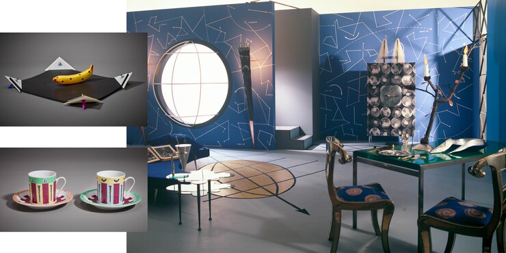 Cubic 3 Design (1981-1995), Interieur ‘Tussen hemel en aarde’ voor Avenue (1986), Fruitmat (1982), kop en schotels Mécanicien (1991)