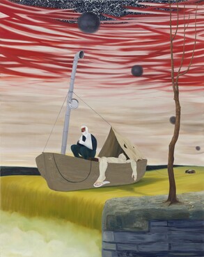 Nicole Eisenman, T.B.T. (Headed down the river), 2018, olieverf en gemengde media op doek, 208 x 165 cm, Nachson Mimran