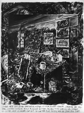 Rinus Van de Velde, Studios were left behind immediately,…, 2016, charcoal on paper, 200 x 150 cm. Courtesy Tim Van Laere Gallery, Antwerp