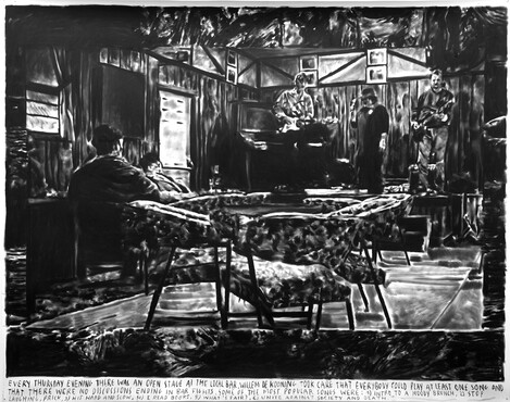 Rinus Van de Velde, Every Thursday there was an open podium at the local bar,…, 2016, charcoal on paper, 190 x 240 cm. Courtesy Tim Van Laere Gallery, Antwerp