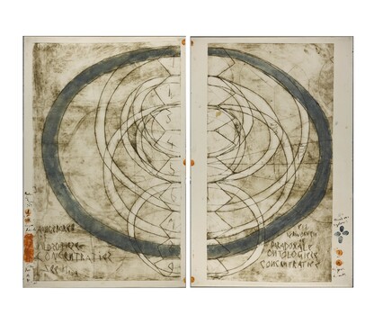 Anton Heyboer, Paradoxale ontologische concentraties, 1963, ets, twee bladen van elk 64,8 x 100 cm, Gemeentemuseum Den Haag.
