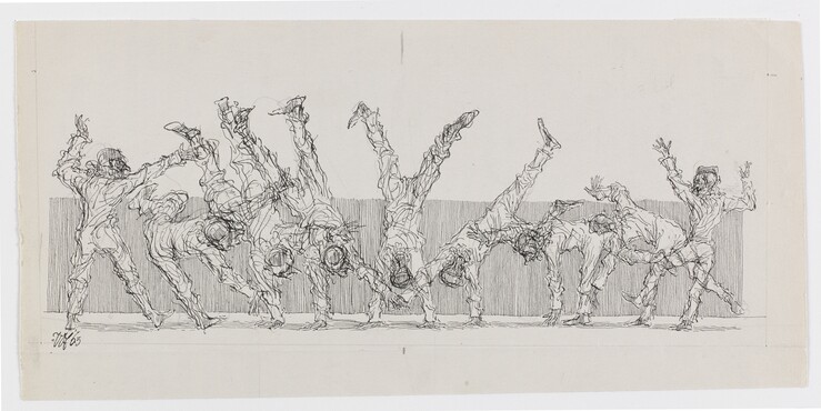 Peter Vos, Springende en op handen staande mannen, 1963, pen in zwart, 94 x 248 mm