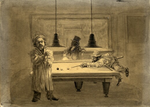Peter Vos, Schildershemel (Biljart met Rembrandt, Toulouse Lautrec en Goya), 1964, pen en penseel in grijzen, 200 x 170 mm, particuliere collectie