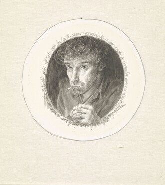 Peter Vos, Zelfportret, 1966, inkt en penseel in grijs, diameter 98 mm (Collectie Rijksmuseum. Schenking van mevrouw W. Schumacher, Amsterdam)