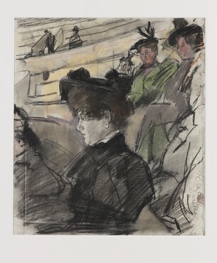 Isaac Israëls (1865‐1934) Gezicht op dames in een theater, die naar een toneelscène kijken (vz); Schets van enkele figuren (az) krijt en pastel op papier 38,5 x 34,4 cm Kunstmuseum Den Haag