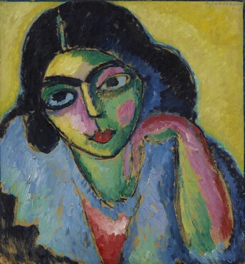 Alexej von Jawlensky (1864-1941) Zwarte haren voor gele achtergrond 1912 Olieverf op karton op doek 53,5 × 49,5 cm Saarlandmuseum Saarbrücken, Stiftung Saarländischer Kulturbesitz