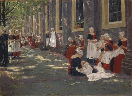 Max Liebermann, Rustpauze in het Amsterdamse Weeshuis, 1881-1882, olieverf op doek, 78,5 x 107,5, Städel Museum.