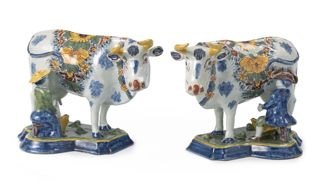 Stel koeien met melkers, Delft, 1750-1780, tinglazuuraardewerk, breedte 23 cm, Kunstmuseum Den Haag – The Lavino Collection