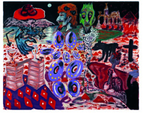 A.R. Penck, The Aesthetic Provinces, 1977, dispersieverf op doek, 144 x 179 cm, Birkelsche Stiftung für Kunst und Kultur