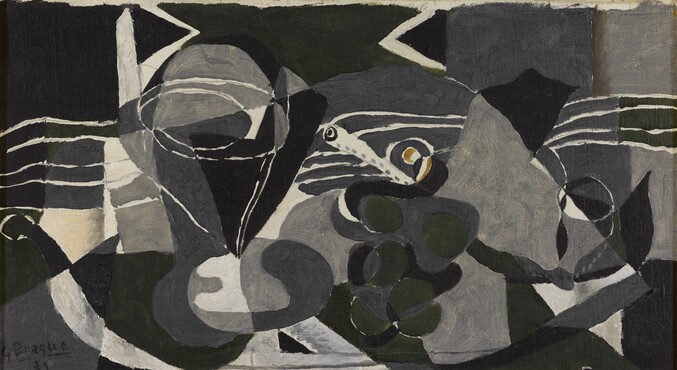 Georges Braque, Stilleven met wijn en druiven, 1929, olieverf op doek, 23 x 41,2 cm, Kunstmuseum Den Haag. 