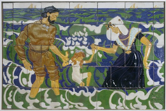 Tegeltableau ‘Jong Holland’, ontwerp Jan Toorop, uitvoering i.s.m. Plateelbakkerij Rozenburg, 1903, veelkleurig geglazuurd grès cérame met ingegrift decor, 105 x 160 cm, Kunstmuseum Den Haag