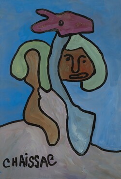 Gaston Chaissac, Personage met paard, 1959,  Emailleverf op pakpapier op doek, 95,5 x 65 cm., particuliere collectie, met dank aan Nathan Fine Art (Zürich / Potsdam)