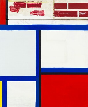 Walter Swennen, Piet, Georg & I, 2016, acryl- en olieverf op doek, 120,5 × 100,5 × 3 cm. Beeld courtesy: Walter Swennen en Xavier Hufkens, Brussels. Foto: HV-studio