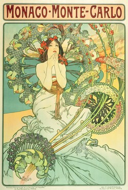 Alphonse Mucha, Affiche voor 'Monaco - Monte Carlo', spoorwegmaatschappij P.L.M., 1897, kleurenlithografie. Copyright © 2021 Mucha Trust