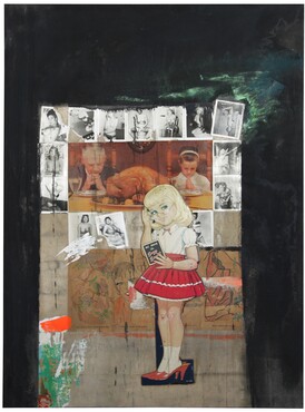Boris Lurie, Susan Sweet, 1963,  verf, papier en foto's op doek, 129,54 x 109,22 cm, Boris Lurie Art Foundation