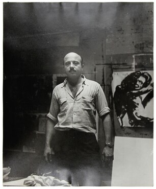 Betty Holiday, Boris Lurie in his studio, 1962.  (c) Boris Lurie Art Foundation.