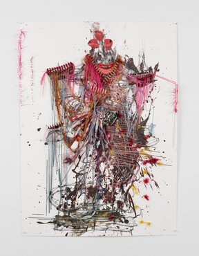 Heringa/Van Kalsbeek, Untitled, 2004, cardboard, charcoal, paint, resin, textiles, feathers, 111x81x6 cm