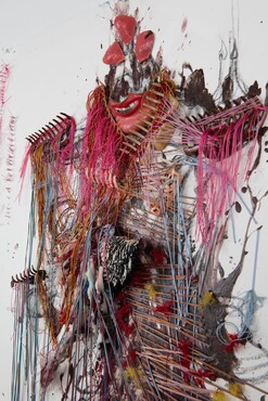 Heringa/Van Kalsbeek, Untitled, 2004, cardboard, charcoal, paint, resin, textiles, feathers, 111x81x6 cm