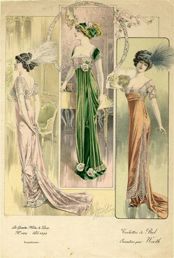 Modeprent met avondjaponnen van Maison Worth, ‘Les Grandes Modes de Paris, toilettes de Bal, Exécutées par Worth’, ca. 1912, Kunstmuseum Den Haag