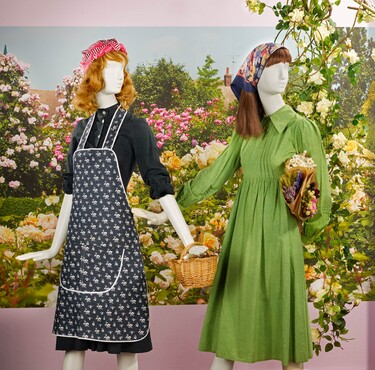 Laura Ashley, Dress and apron, ca. 1980-1985 and 1975; Laura Ashley, Dress, ca. 1980-1985, Kunstmuseum Den Haag. Photo: Alice de Groot