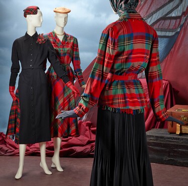 Jacques Fath (design), Maison Kühne (execution) Day dress, model ‘Ecosse’, Paris/The Hague, 1952; Ensemble in New Look-style of tartan with skirt and two jackets, ca. 1948 (fabric of earlier date) , Kunstmuseum Den Haag. Photo: Alice de Groot