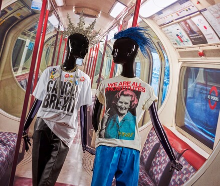 Katherine Hamnett, T-shirt ‘Cancel Brexit’ (2018) and trousers (ca. 1980-1990); T-shirt ‘We are all prostitutes’, ca. 1982/1983, Kunstmuseum Den Haag. Photo: Alice de Groot