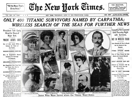 Deel voorpagina The New York Times met berichtgeving overlevenden Titanic, woensdag 17 april 1912