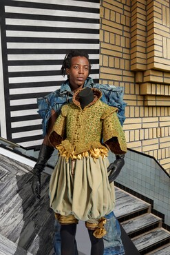 Erik Bosman, Devastator, Transformer Suit from dance performance Scratch, Sample & Rewind, 2024, loan Theater Rotterdam      Doublet, Italian cut silk velvet, early 17th century, in current state remade 18th century, trousers reconstruction, Kunstmuseum Den Haag. Sabrina Bongiovanni / Kunstmuseum Den Haag      art direction: Maarten Spruyt, styling: Pablo Salvador Willemars, assistentie fotografie: Louis Oomes, visagie: Katinka Gernant, haar: Pascale den Dikkenboer, model: Osayi @ The F