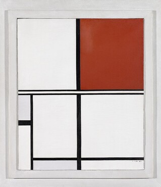 Marlow Moss, Wit, zwart, rood en grijs, 1932. Olieverf op doek, 54x45 cm. Collectie Gemeentemuseum Den Haag