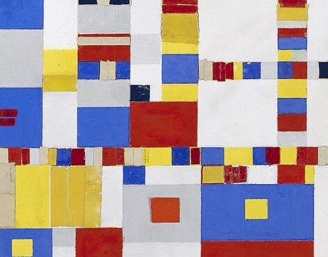 Detail Victory Boogie Woogie, 1942-1944. Olieverf, tape, papier, houtskool en potlood op doek, 127,5x 127,5 cm. Collectie Gemeentemuseum Den Haag