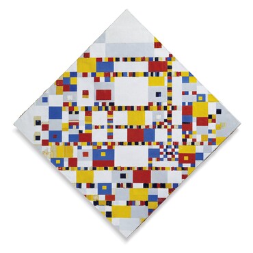 Piet Mondriaan [1872-1944]  Victory Boogie Woogie, 1942-1944 Olieverf, tape, papier, houtskool en potlood op doek 127,5 x 127,5 cm  Gemeentemuseum Den Haag. Bruikleen Instituut Collectie Nederland/Ministerie van Onderwijs, Cultuur en Wetenschappen