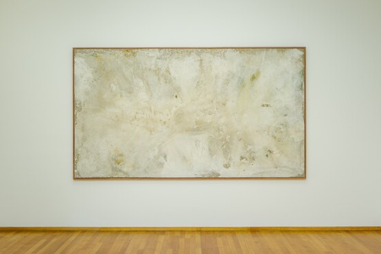 Navid Nuur, Untitled, 2010-2019, fijngestampte vitamine D-pillen op canvas, bindmiddel, Bubinga hout. Foto: Bram Vreugdenhil. 