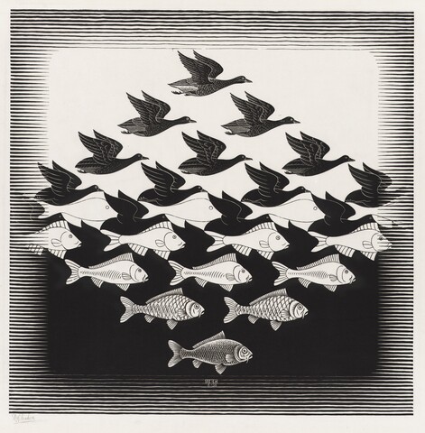 M.C. Escher, Sky and Water I, 1938, woodcut. Collection Kunstmuseum Den Haag. © The M.C. Escher Company – Baarn – Holland. All rights reserved. www.mcescher.com M.C. Escher, Sky and Water I, 1938, woodcut. Collection Kunstmuseum Den Haag. © The M.C. Escher Company – Baarn – Holland. All rights reserved. www.mcescher.com