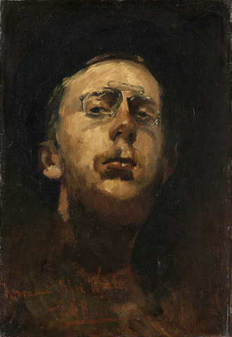 George Hendrik Breitner (1857 - 1923) Zelfportret met lorgnet,  ca. 1882 Olieverf op doek 45 x 31,4 cm Gemeentemuseum Den Haag